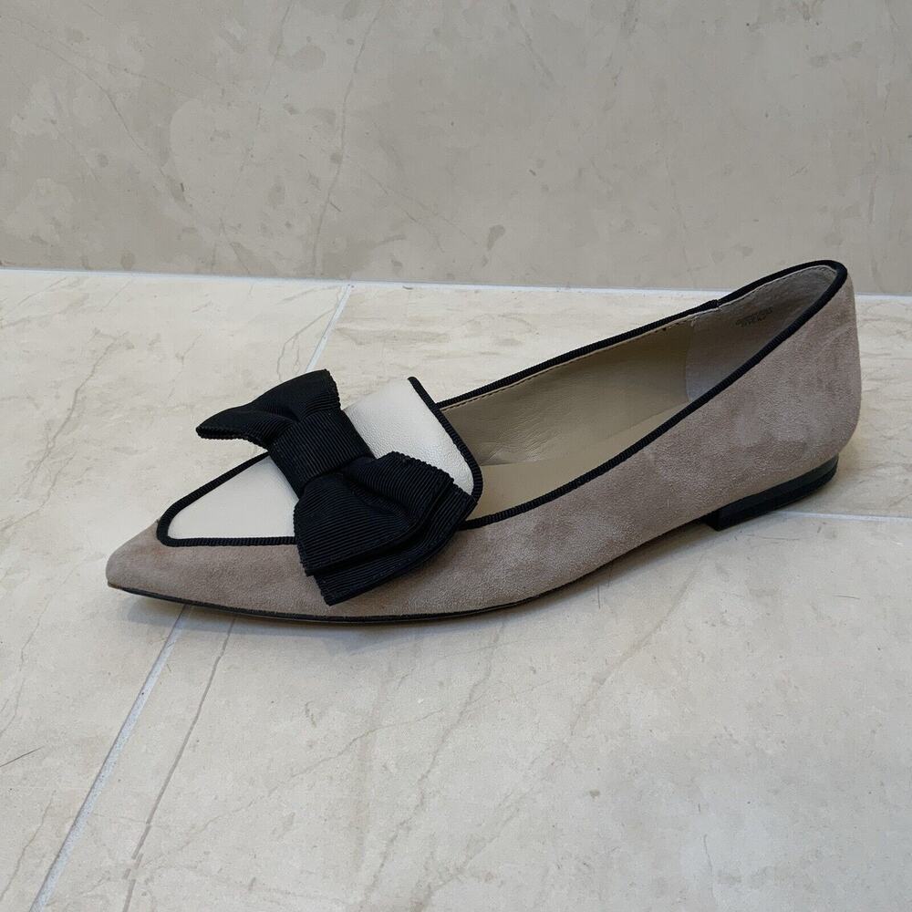 Ann Taylor 5.5 Tiggy Suede Flats In Posh Camel Brown Shoes Black Bow Sz 5.5M